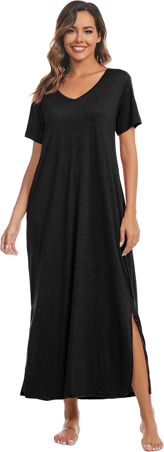 Marvmys Women Short Sleeve Nightgown Cotton Long Nightshirts with Pocket
