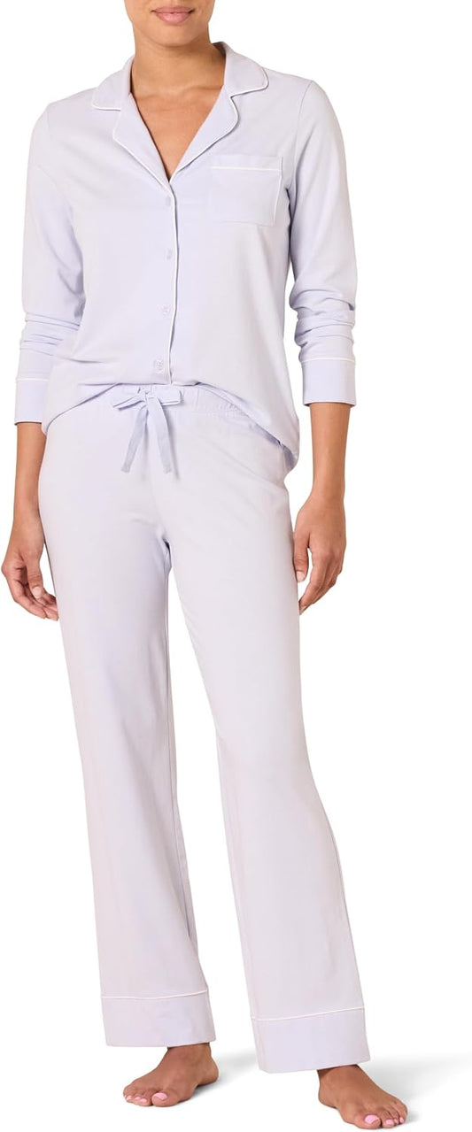 Amazon Essentials Women's Cotton Modal Long-Sleeve Notch Collar Shirt and Full-Length Elastic Waist Pajama Pant Set