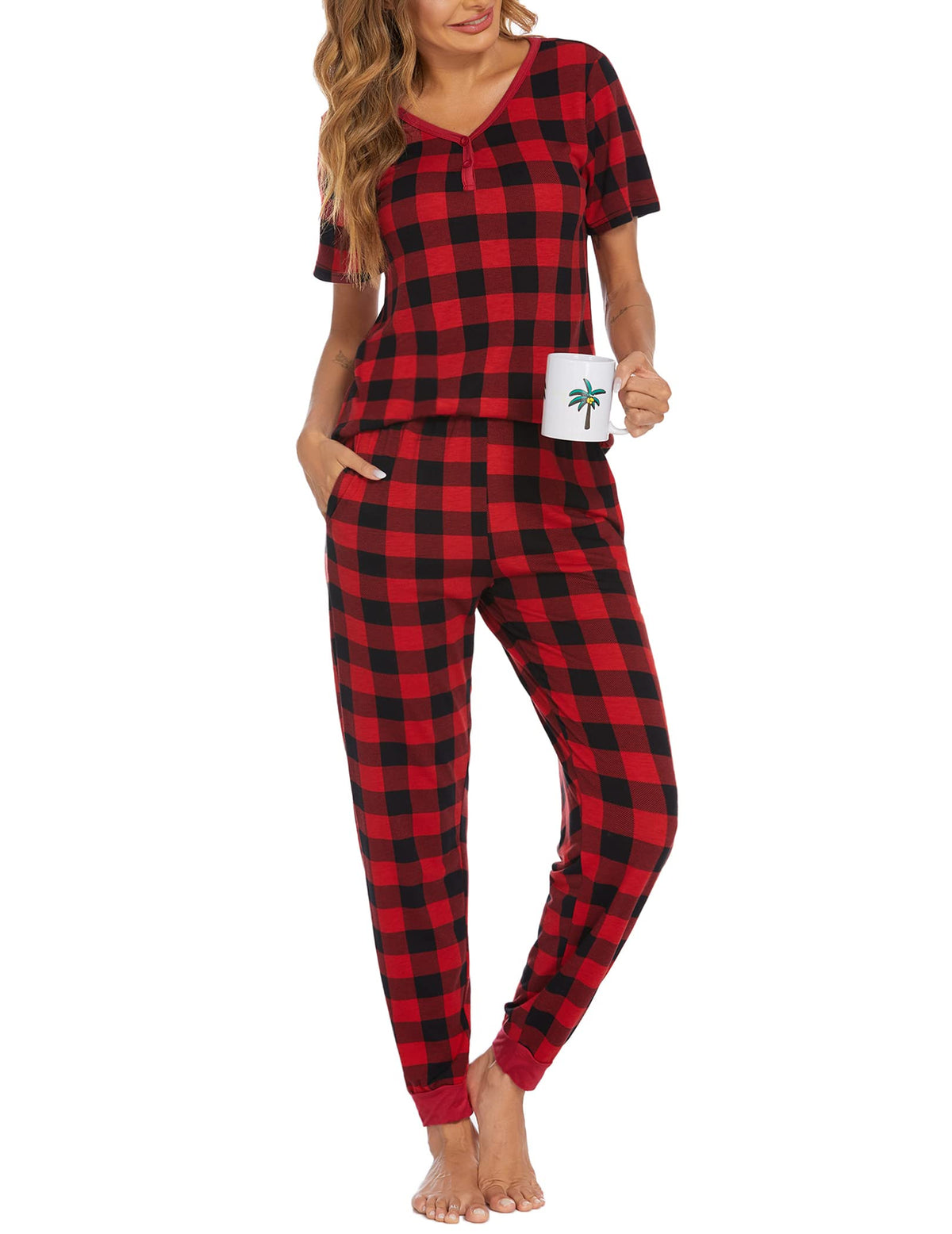 Ekouaer Pajamas for Women Set 2 Piece Short Sleeve Fall Pjs with Pockets
