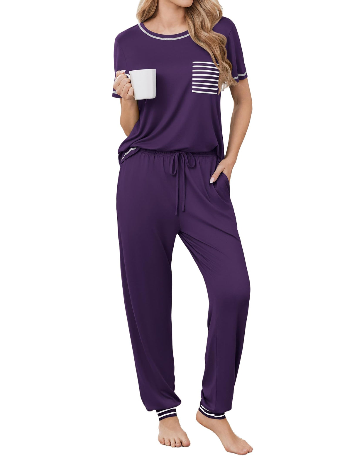 Ekouaer Womens Pajama Sets Short Sleeve Lounge Set 2 Piece Long Pants Pjs