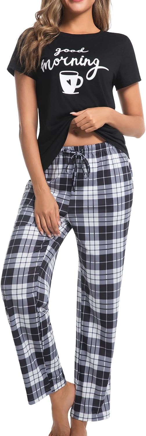 difficort Womens Pajama Sets Short Sleeve Long Pants Sleepwear with Pockets