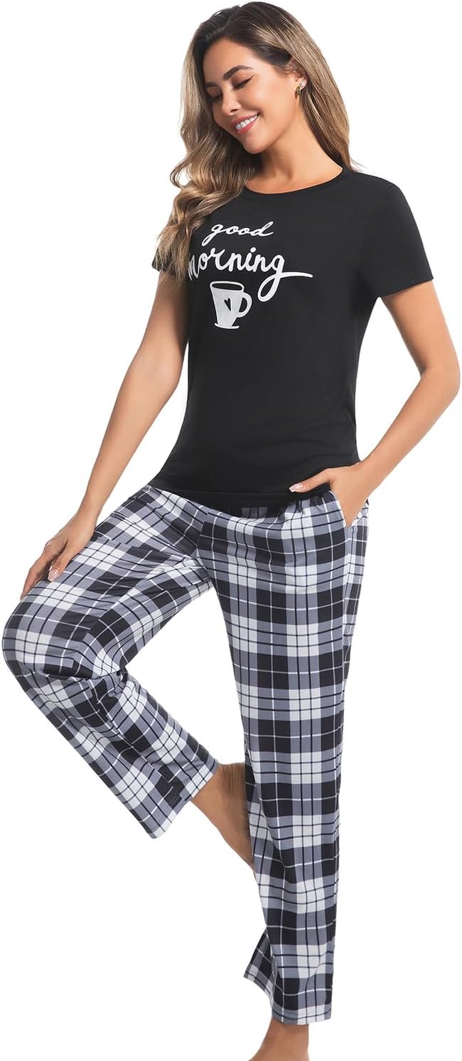 difficort Womens Pajama Sets Short Sleeve Long Pants Sleepwear with Pockets