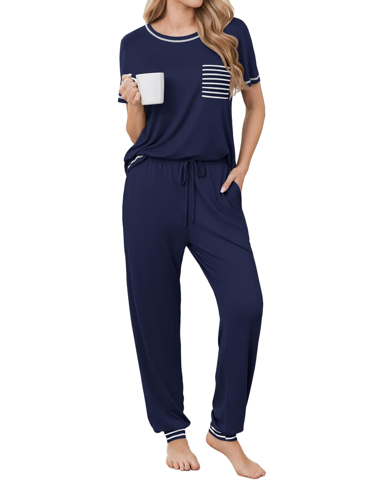 Ekouaer Womens Pajama Sets Short Sleeve Lounge Set 2 Piece Long Pants Pjs