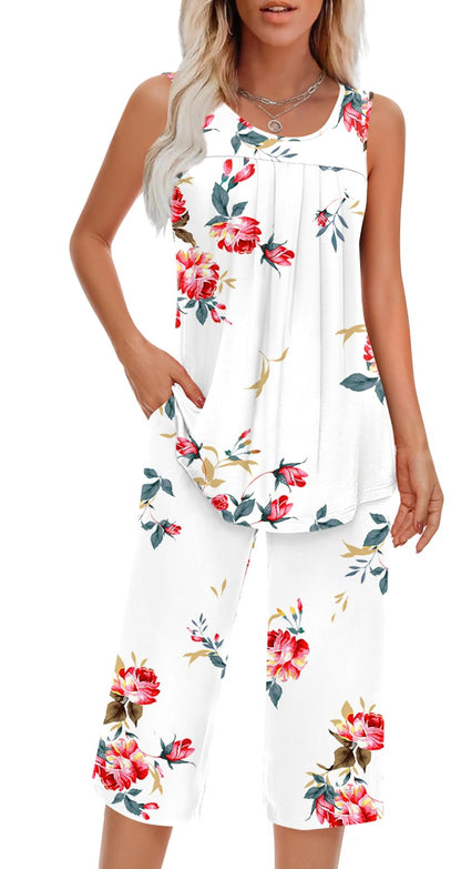 Findsweet Women Pajamas Sets Loungewear Soft Sleepwear Two Piece Summer Sleeveless Pjs Tank Top Pants with Pocket S-4XL