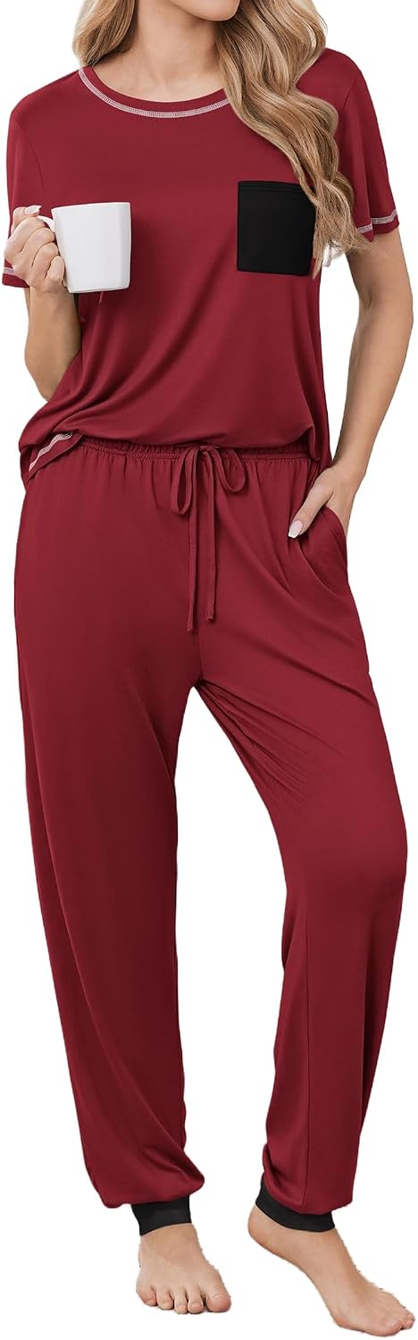Ekouaer Womens Pajama Sets Short Sleeve Lounge Set 2 Piece Long Pants Pjs