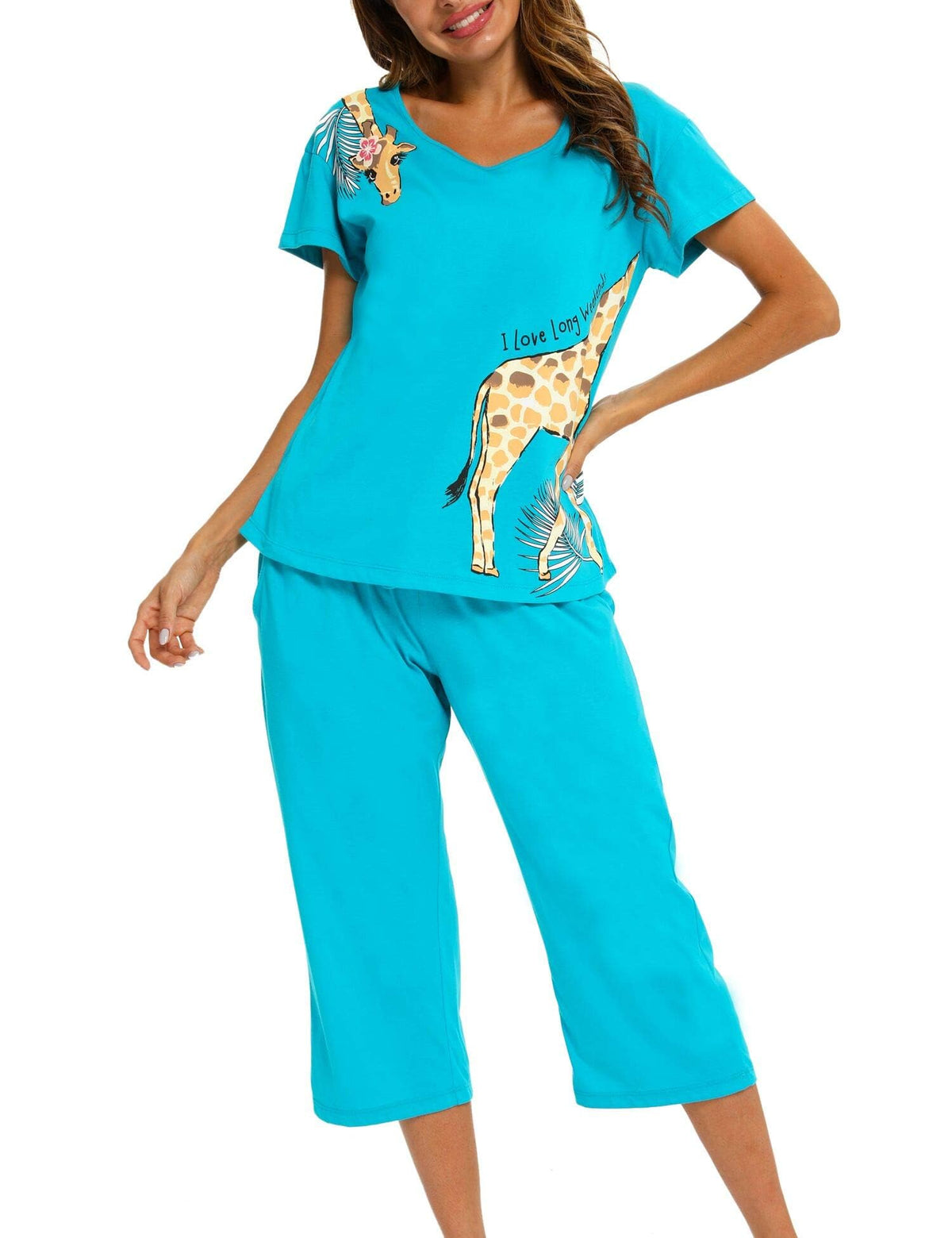 ENJOYNIGHT Womens Pajama Set Cotton Short Sleeve Top With Capri Pants Pj