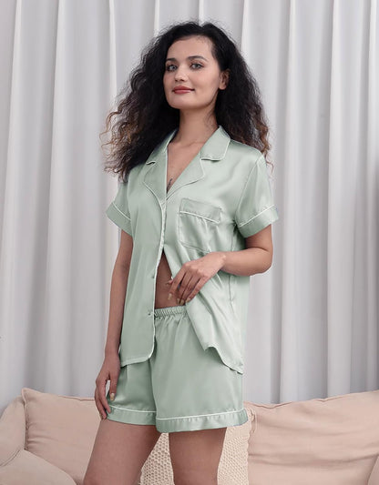 WJing Yi Jia 5Pcs Womens Soft Satin Pajama Set XS-4XL Button-Down Silk Pajamas Floral Sleepwear Bridal Pjs Lounge Pj Sets