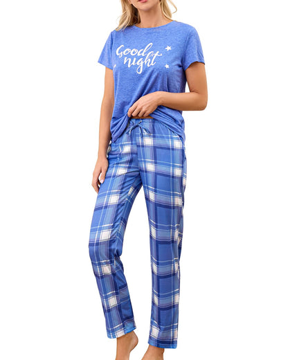 difficort Womens Pajama Sets Short Sleeve Long Pants Sleepwear with Pockets