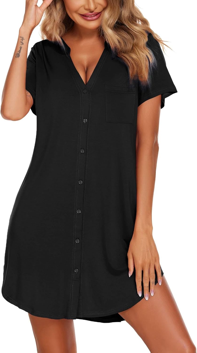 Ekouaer Womens Nightgown V Neck Button Down Sleepshirts Soft Sleepdress