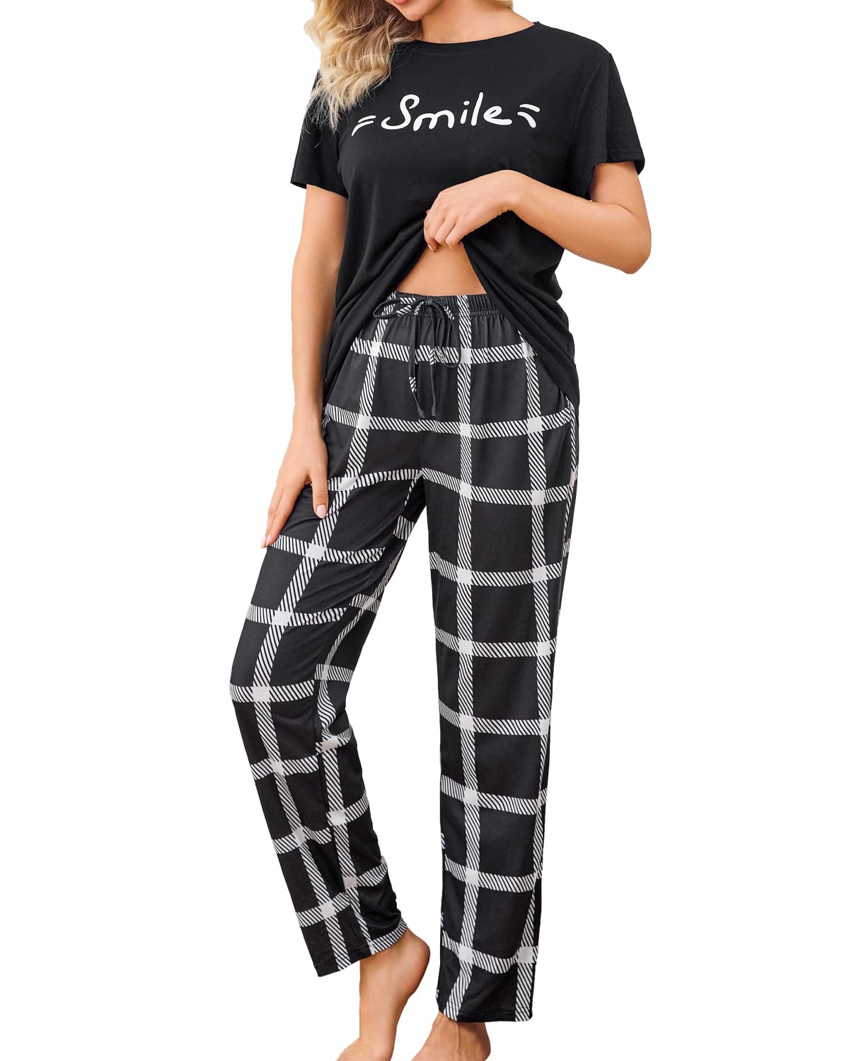 difficort Womens Pajama Sets Short Sleeve Long Pants Sleepwear with Pockets