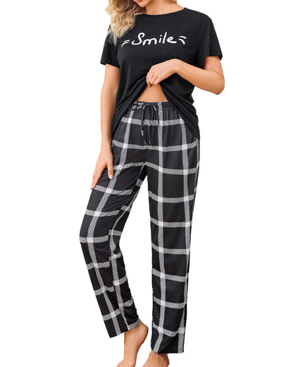 difficort Womens Pajama Sets Short Sleeve Long Pants Sleepwear with Pockets
