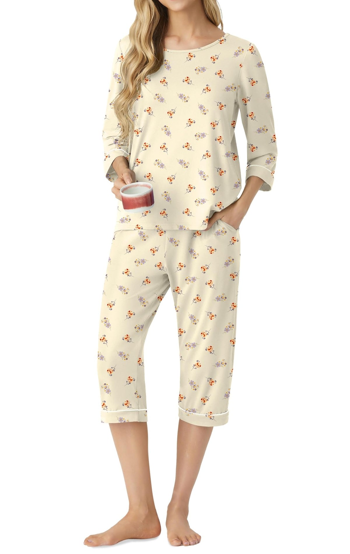 PrinStory Womens Pajama Sets Capri Pjs Soft Lounge Sets XS-4XL