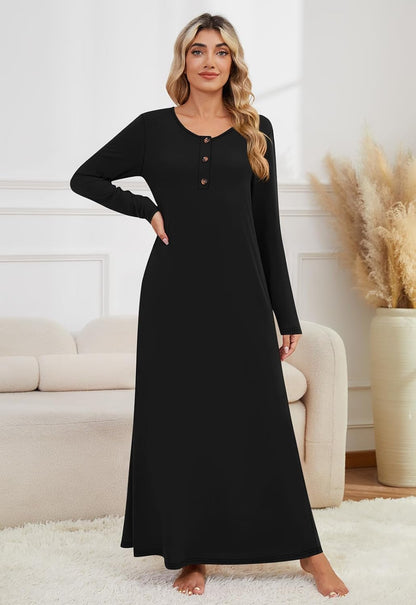 DouBCQ Nightgowns for Women Long Sleeve Button House Dress Soft Sleepwear