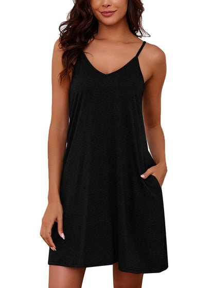 Marvmys Womens Cotton Sleeveless Nightgown Spaghetti Strap V Neck Full Slip Sleep Dress with Pockets