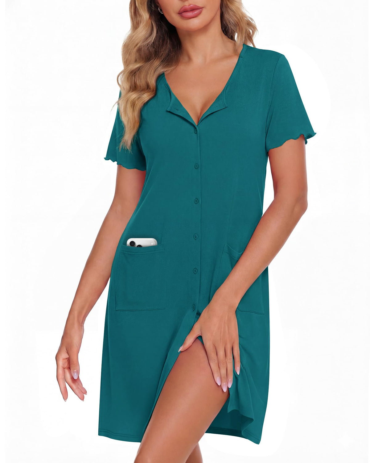 ZOOSIXX Nightgowns for Women - Short Sleeve Sleepwear Button Up Pajamas for Women V-Neck Sleepwear Dress with Pockets