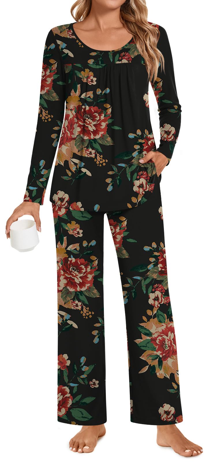 POPYOUNG Womens Pajama Set 2 Pieces Fall Pjs Comfy Sleepwear with Pockets