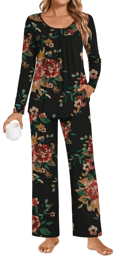 POPYOUNG Womens Pajama Set 2 Pieces Fall Pjs Comfy Sleepwear with Pockets