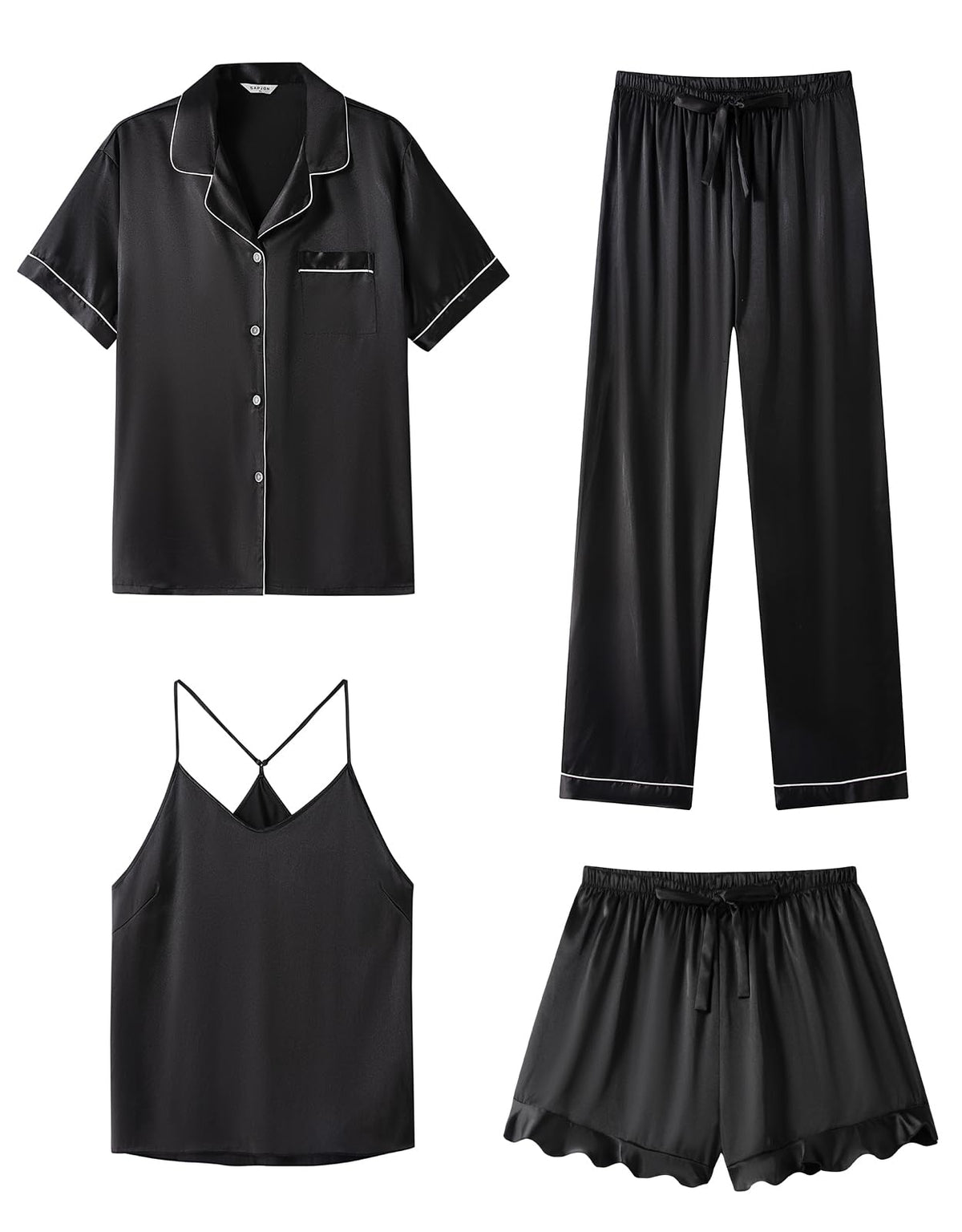 SAPJON Silk Satin 4 Piece Pajamas for Women Set, Camisole Lounge Ruffle Pjs