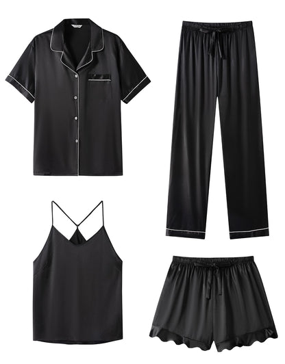 SAPJON Silk Satin 4 Piece Pajamas for Women Set, Camisole Lounge Ruffle Pjs