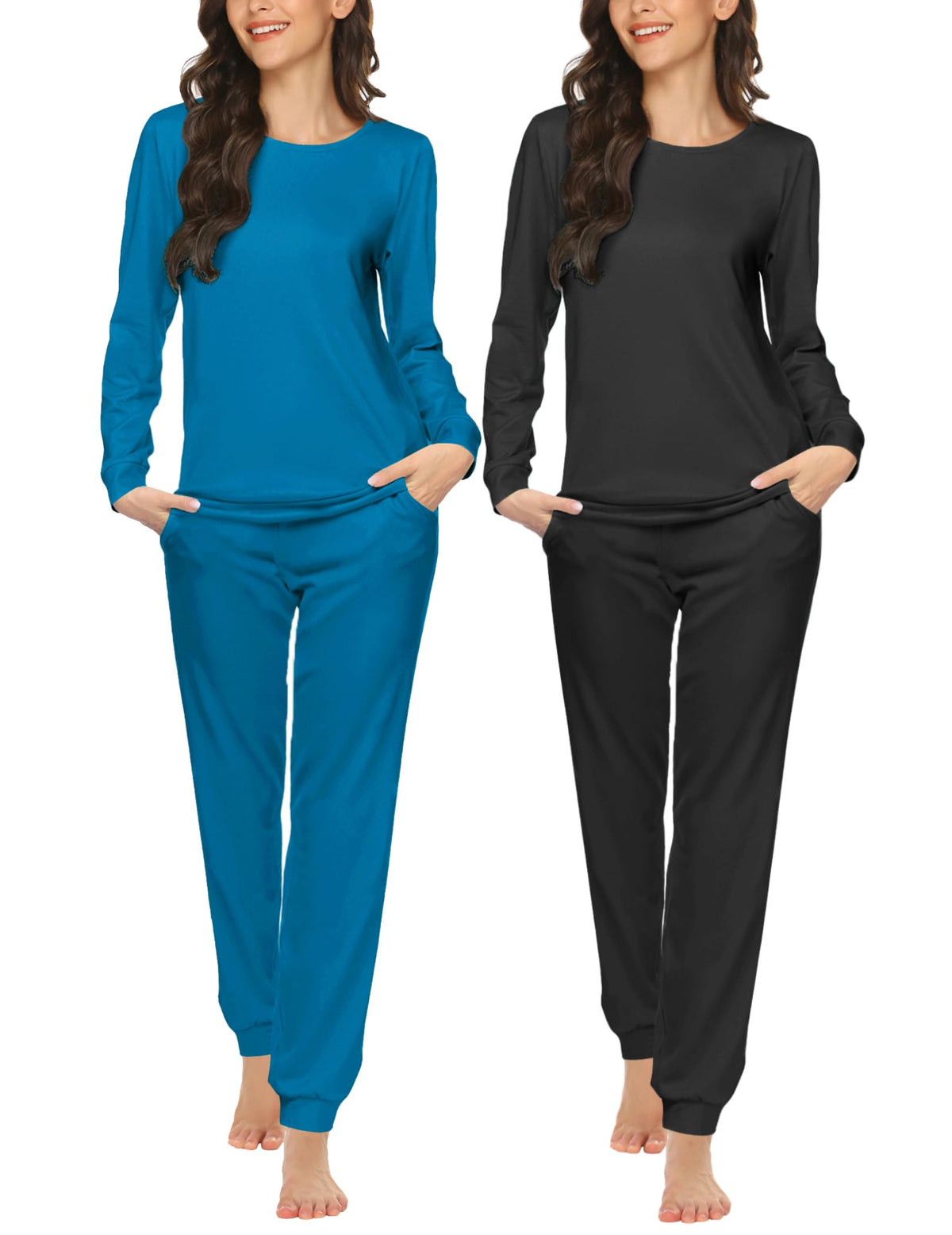 Ekouaer 2 Pack Pajama Sets for Women,Long Sleeve Top Jogger Pant Loungewear