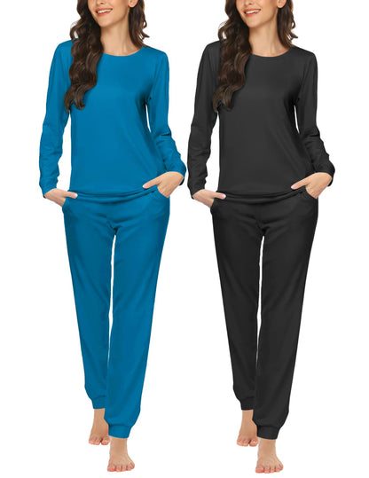 Ekouaer 2 Pack Pajama Sets for Women,Long Sleeve Top Jogger Pant Loungewear