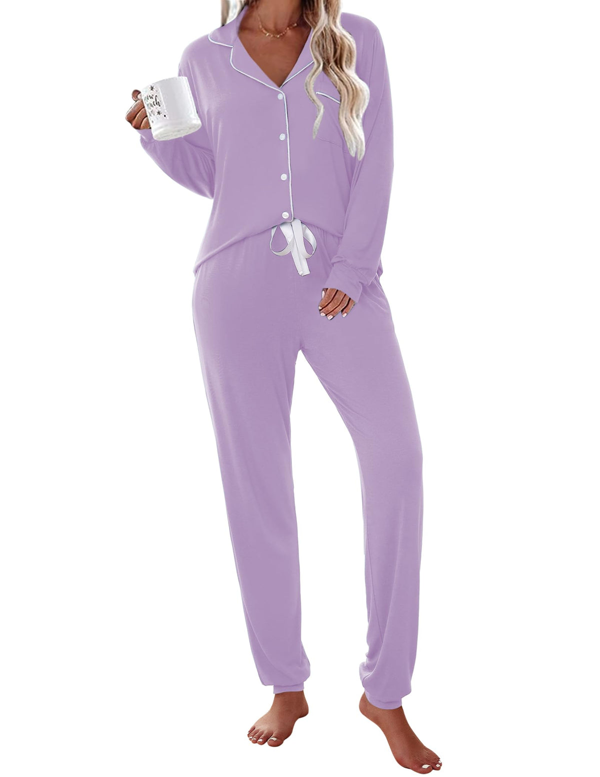 Ekouaer Pajamas Set Long Sleeve Sleepwear Womens Button Down Soft Pjs