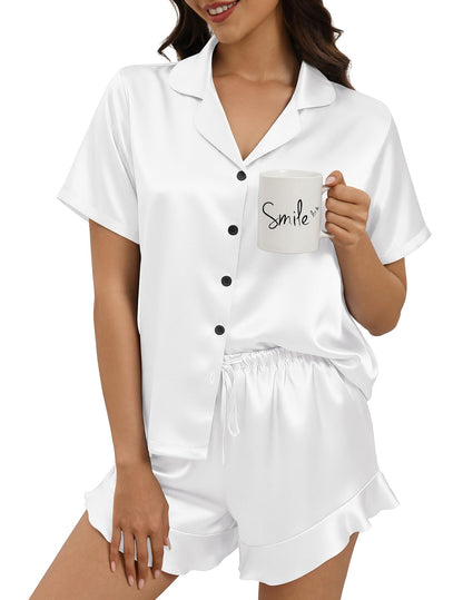 Silk Pajamas for Women Button Down 2 Piece Satin Pjs Shorts Set Ruffle Notch Collar Sleepwear Loungewear