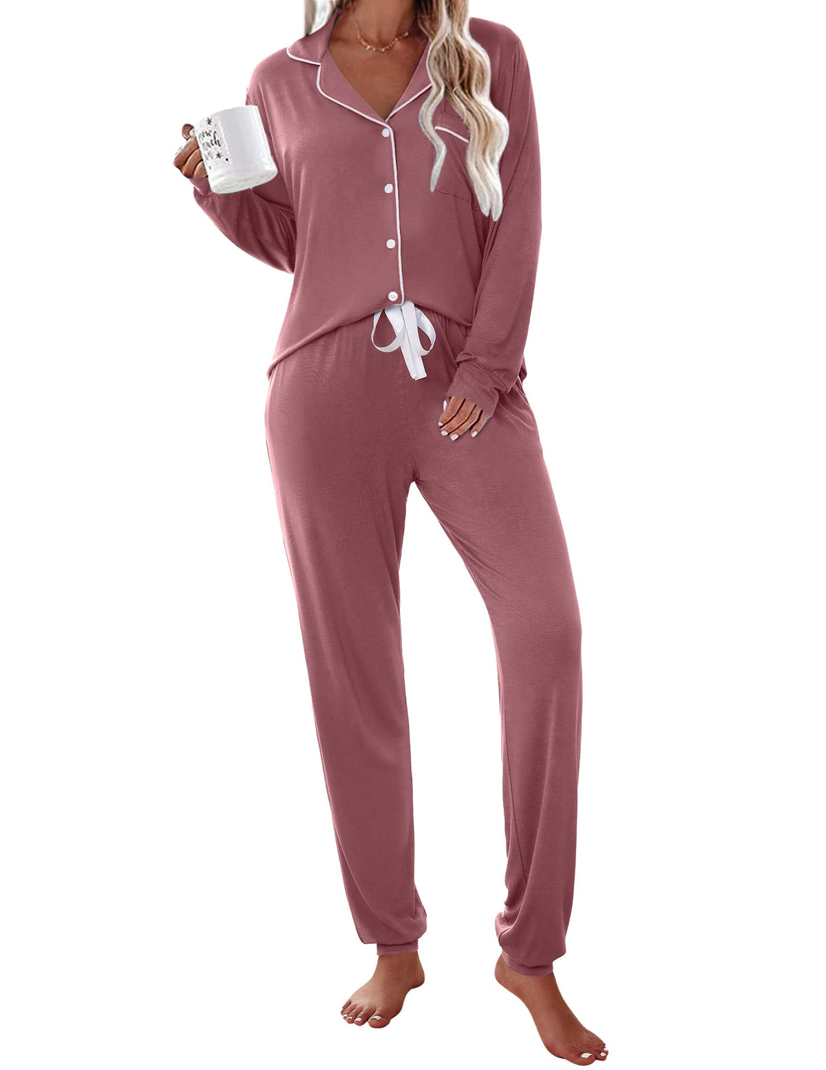 Ekouaer Pajamas Set Long Sleeve Sleepwear Womens Button Down Soft Pjs