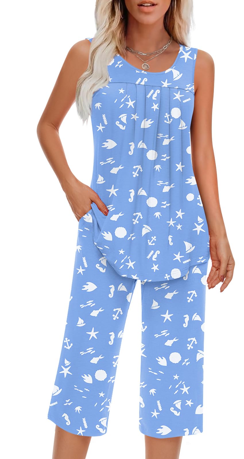 Findsweet Women Pajamas Sets Loungewear Soft Sleepwear Two Piece Summer Sleeveless Pjs Tank Top Pants with Pocket S-4XL