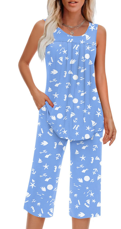 Findsweet Women Pajamas Sets Loungewear Soft Sleepwear Two Piece Summer Sleeveless Pjs Tank Top Pants with Pocket S-4XL