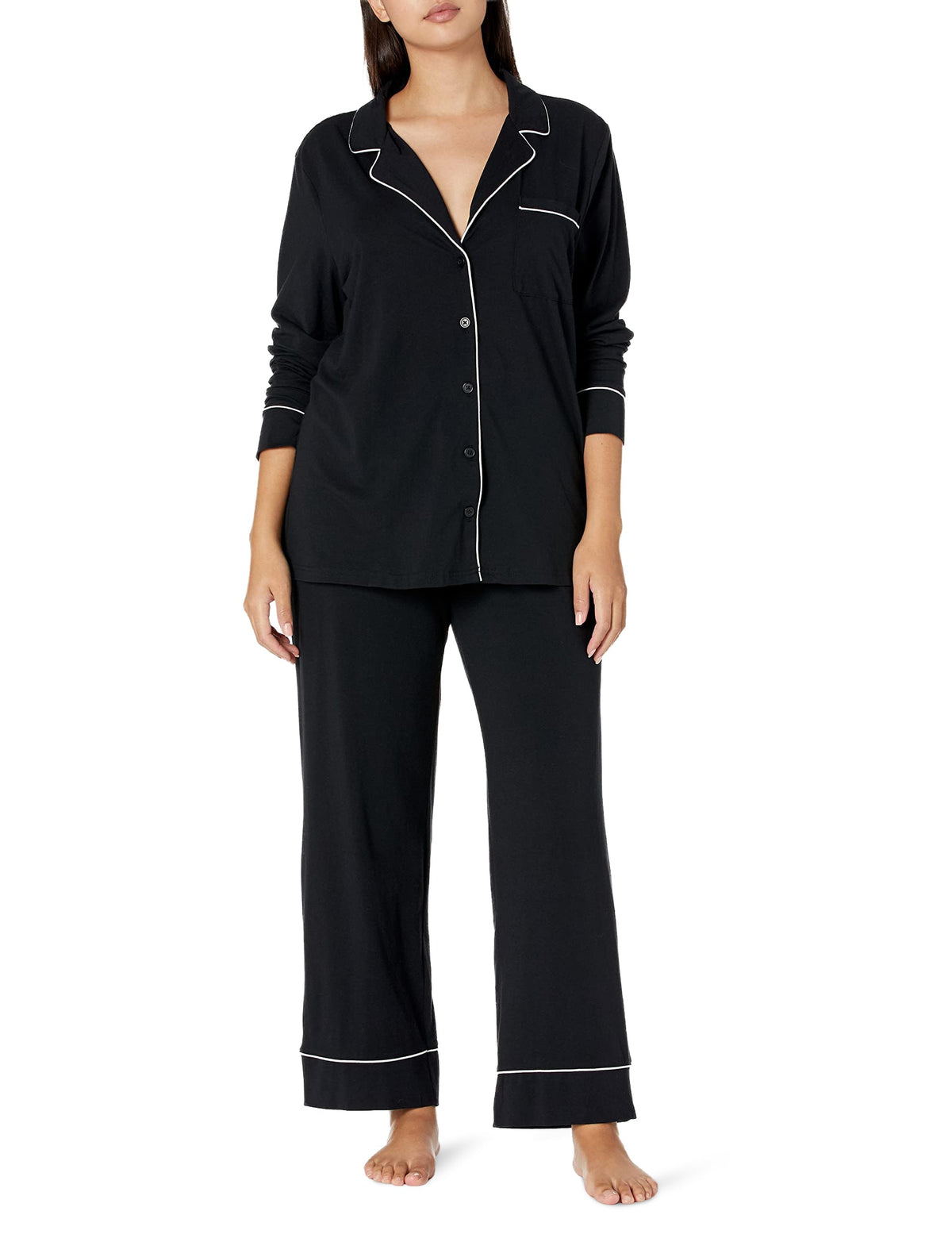 Amazon Essentials Women's Cotton Modal Long-Sleeve Notch Collar Shirt and Full-Length Elastic Waist Pajama Pant Set