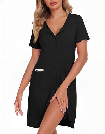 ZOOSIXX Nightgowns for Women - Short Sleeve Sleepwear Button Up Pajamas for Women V-Neck Sleepwear Dress with Pockets