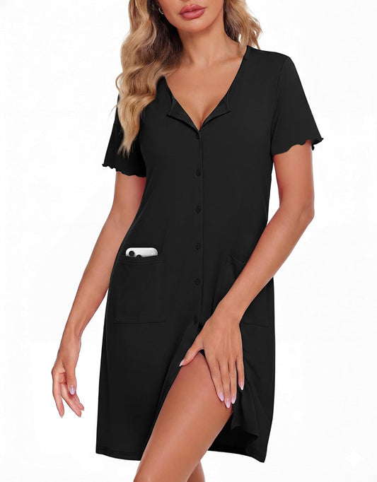 ZOOSIXX Nightgowns for Women - Short Sleeve Sleepwear Button Up Pajamas for Women V-Neck Sleepwear Dress with Pockets