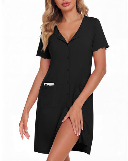 ZOOSIXX Nightgowns for Women - Short Sleeve Sleepwear Button Up Pajamas for Women V-Neck Sleepwear Dress with Pockets