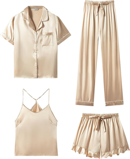 SAPJON Silk Satin 4 Piece Pajamas for Women Set, Camisole Lounge Ruffle Pjs