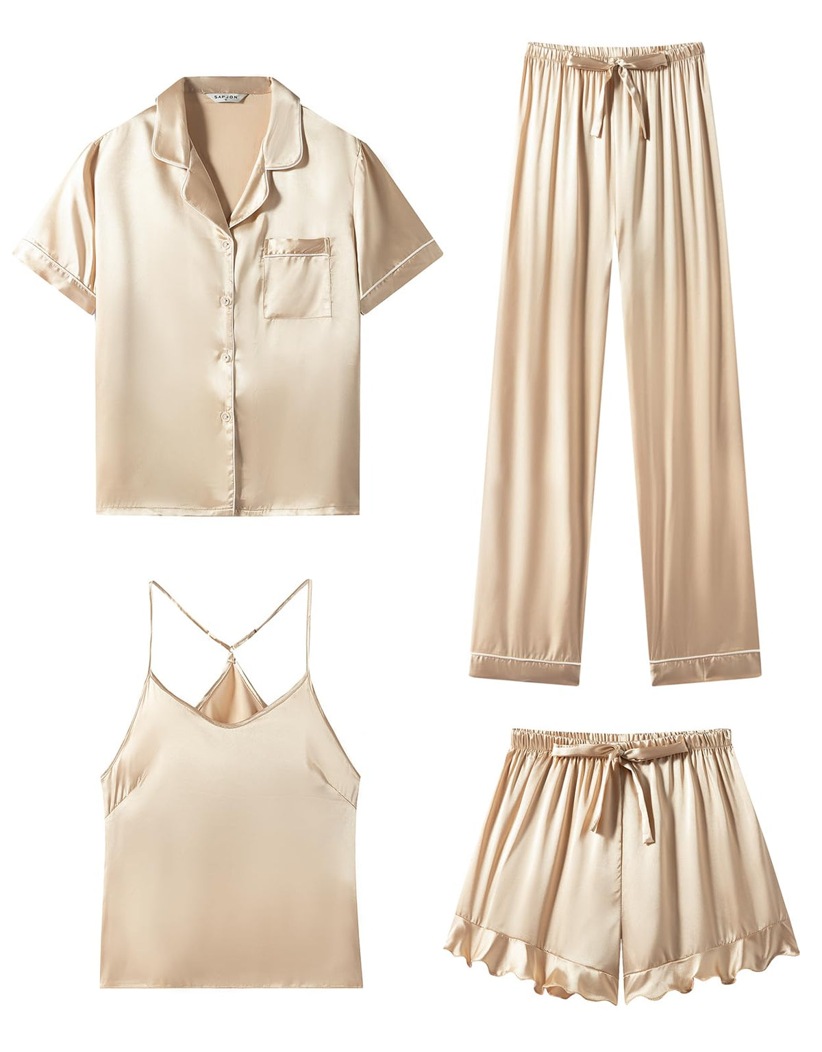 SAPJON Silk Satin 4 Piece Pajamas for Women Set, Camisole Lounge Ruffle Pjs