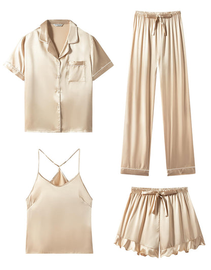 SAPJON Silk Satin 4 Piece Pajamas for Women Set, Camisole Lounge Ruffle Pjs