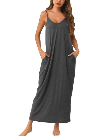 Marvmys Women's Cotton Long Nightgowns Sleeveless Sleep Dress with Pockets