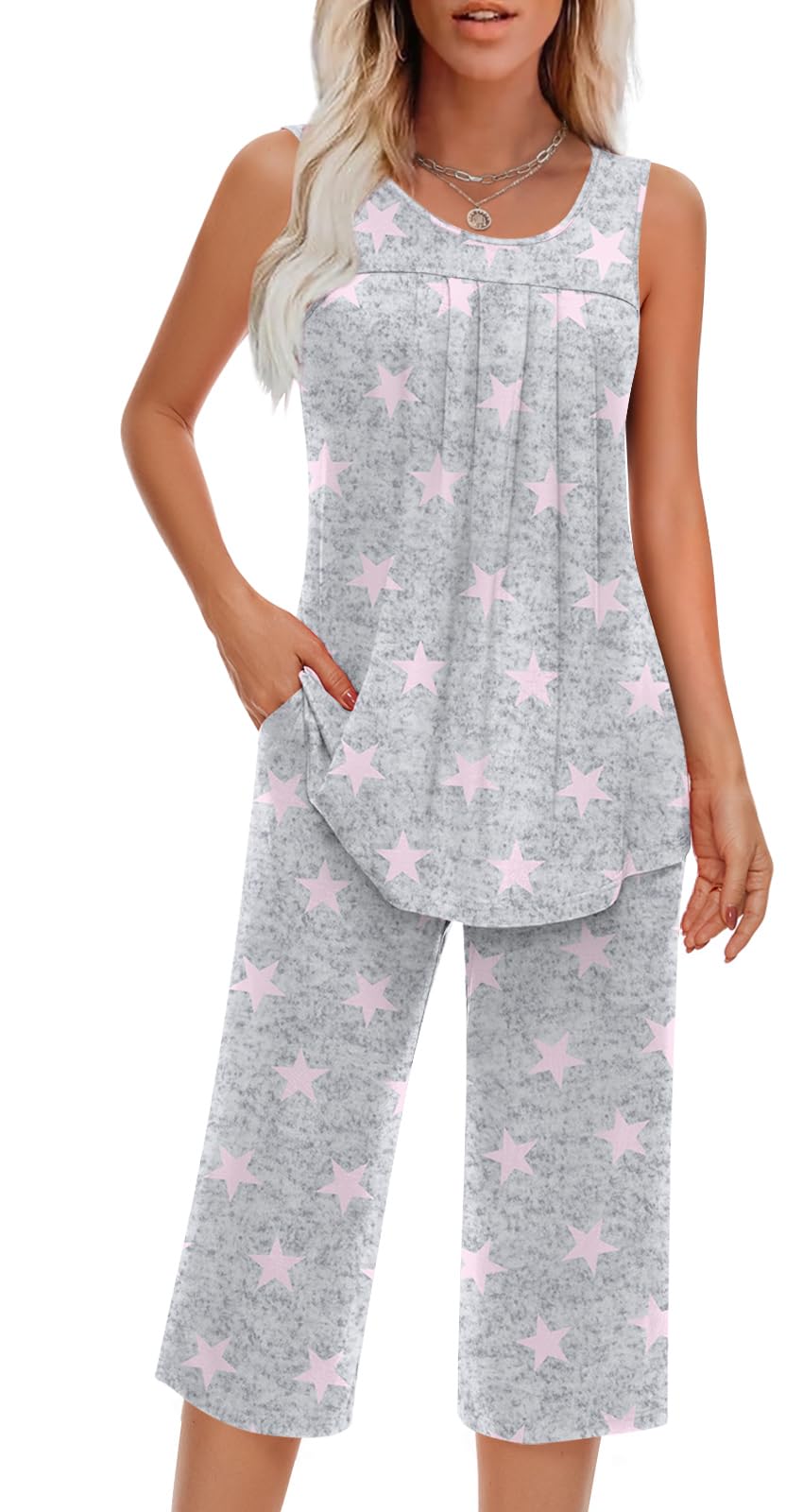 Findsweet Women Pajamas Sets Loungewear Soft Sleepwear Two Piece Summer Sleeveless Pjs Tank Top Pants with Pocket S-4XL