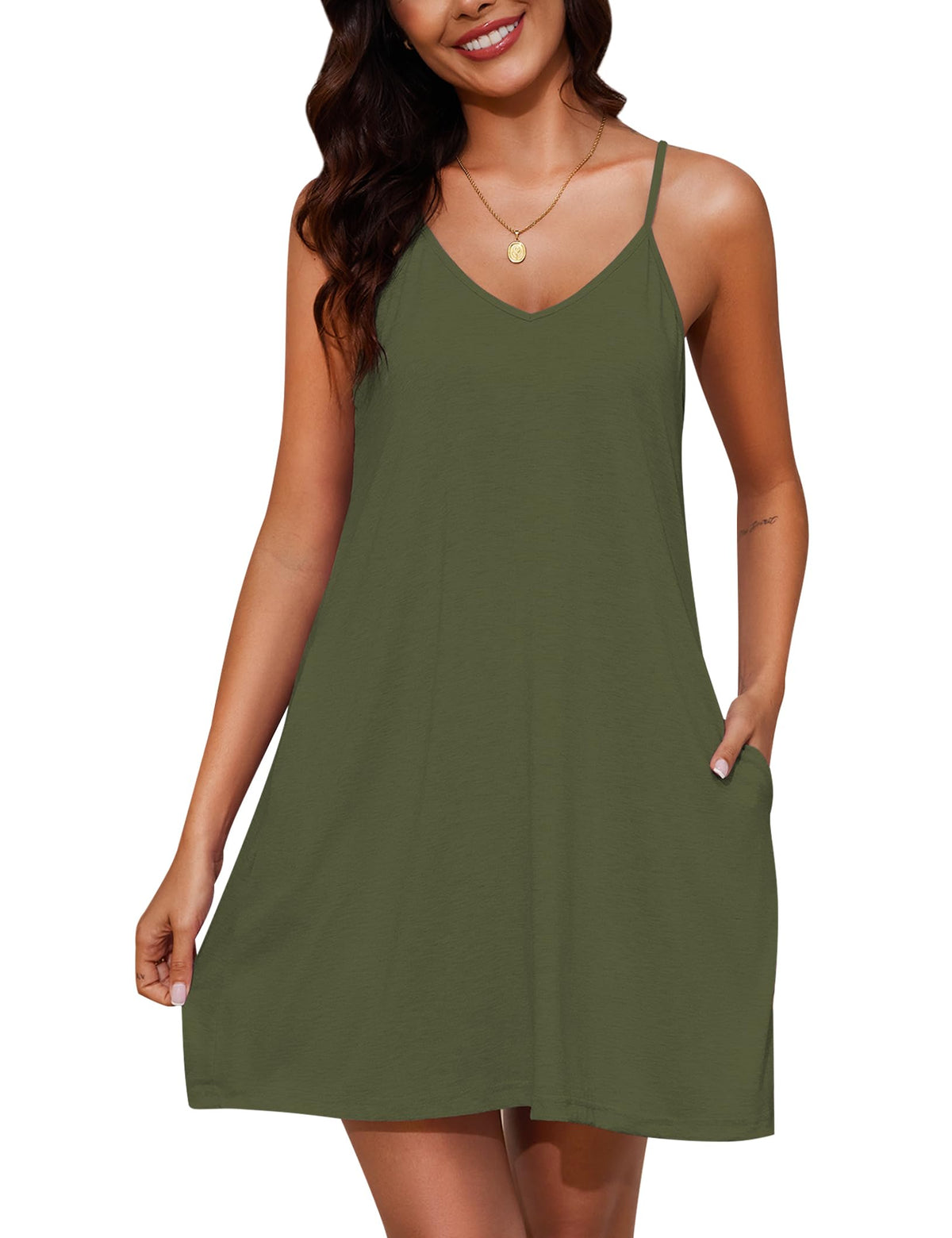 Marvmys Womens Cotton Sleeveless Nightgown Spaghetti Strap V Neck Full Slip Sleep Dress with Pockets