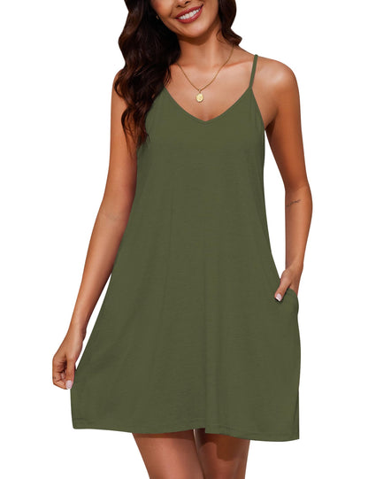 Marvmys Womens Cotton Sleeveless Nightgown Spaghetti Strap V Neck Full Slip Sleep Dress with Pockets