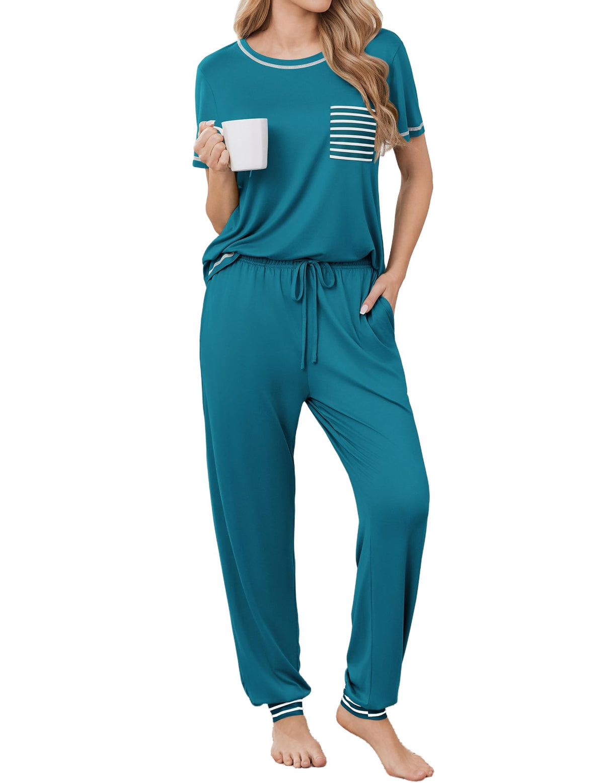 Ekouaer Womens Pajama Sets Short Sleeve Lounge Set 2 Piece Long Pants Pjs
