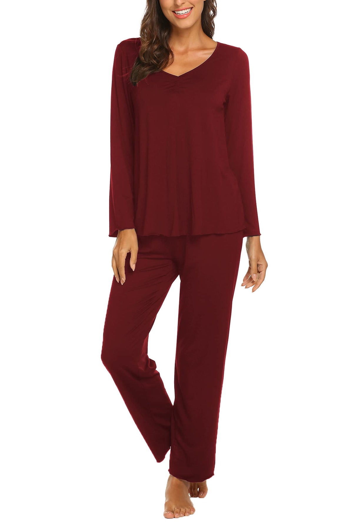 Ekouaer Pajamas for Women Set Long Sleeve Pleated Top and Pants Loungewear