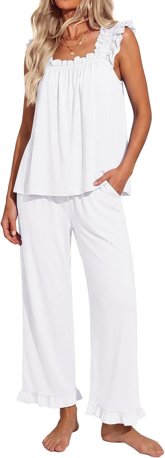 Ekouaer Pajamas for Women Set 2 Piece Ruffle Sleeveless Pj Bridal Sleepwear