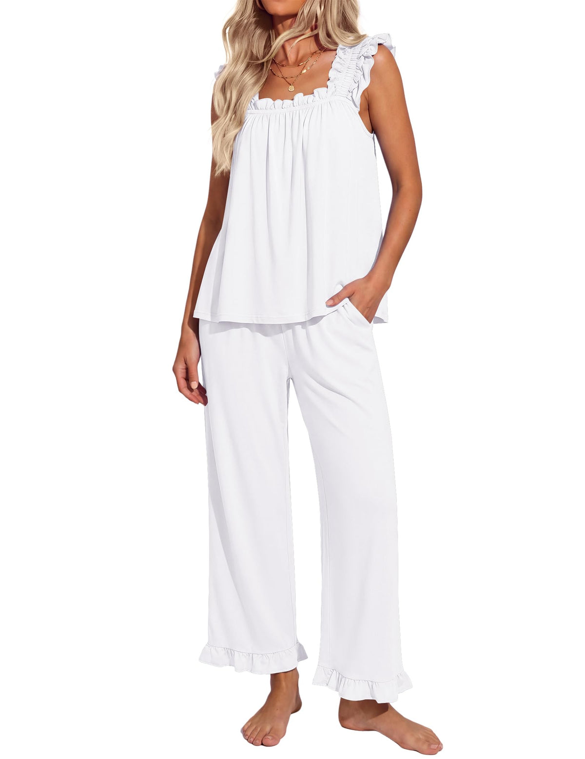 Ekouaer Pajamas for Women Set 2 Piece Ruffle Sleeveless Pj Bridal Sleepwear