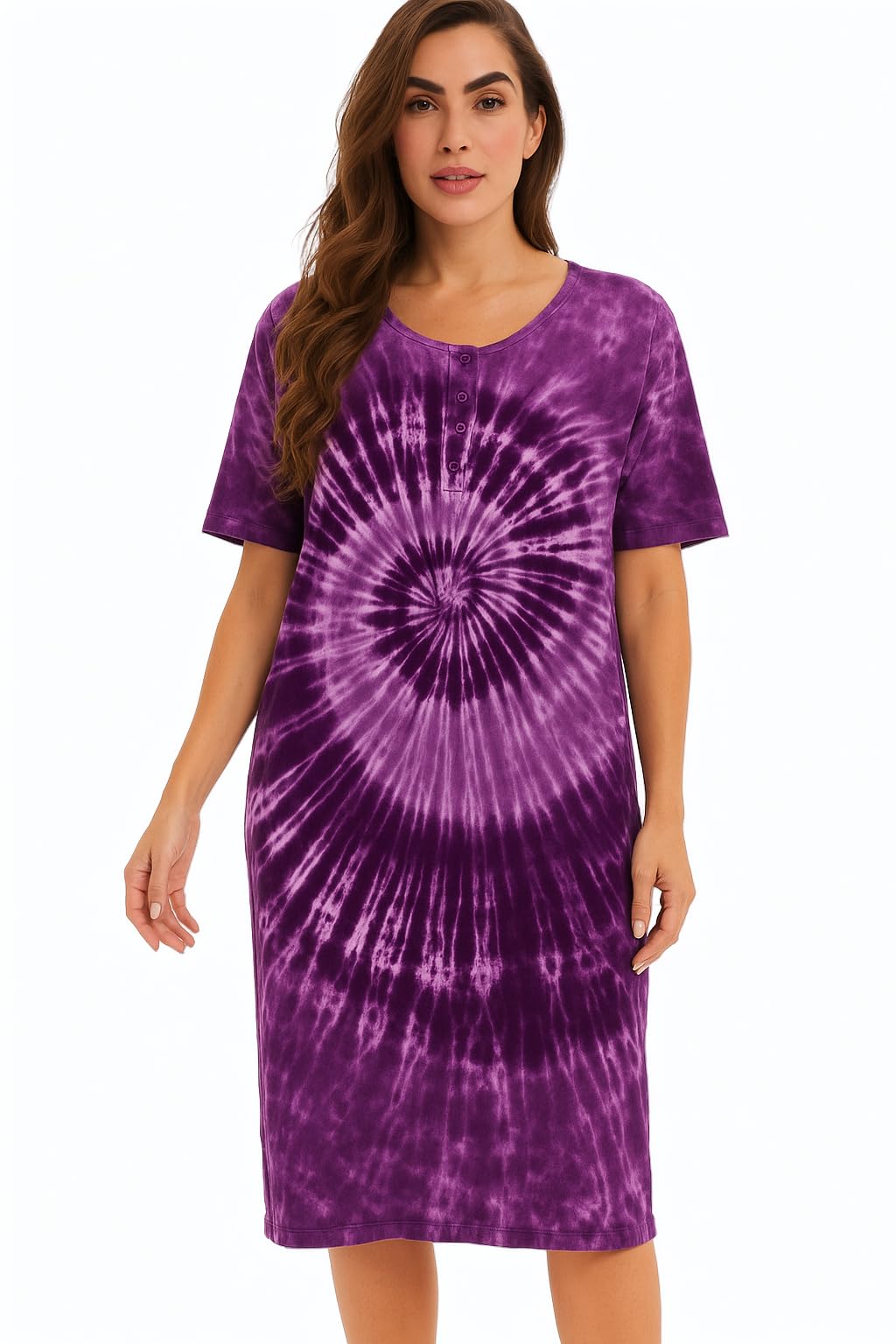 Just Love Women's Tie Dye Nightgown, 100% Cotton Short Sleeve Henley Sleep Shirt
