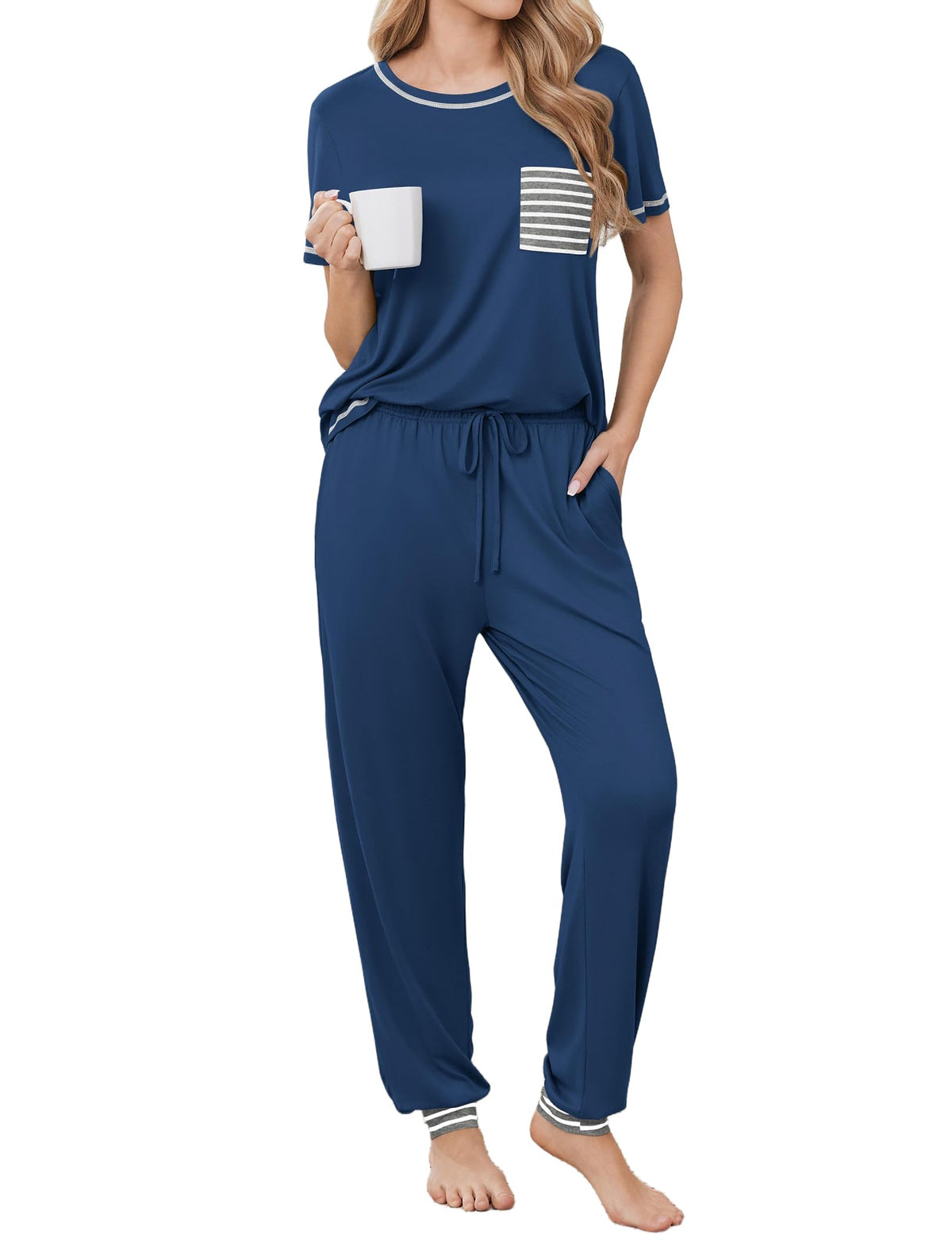 Ekouaer Womens Pajama Sets Short Sleeve Lounge Set 2 Piece Long Pants Pjs