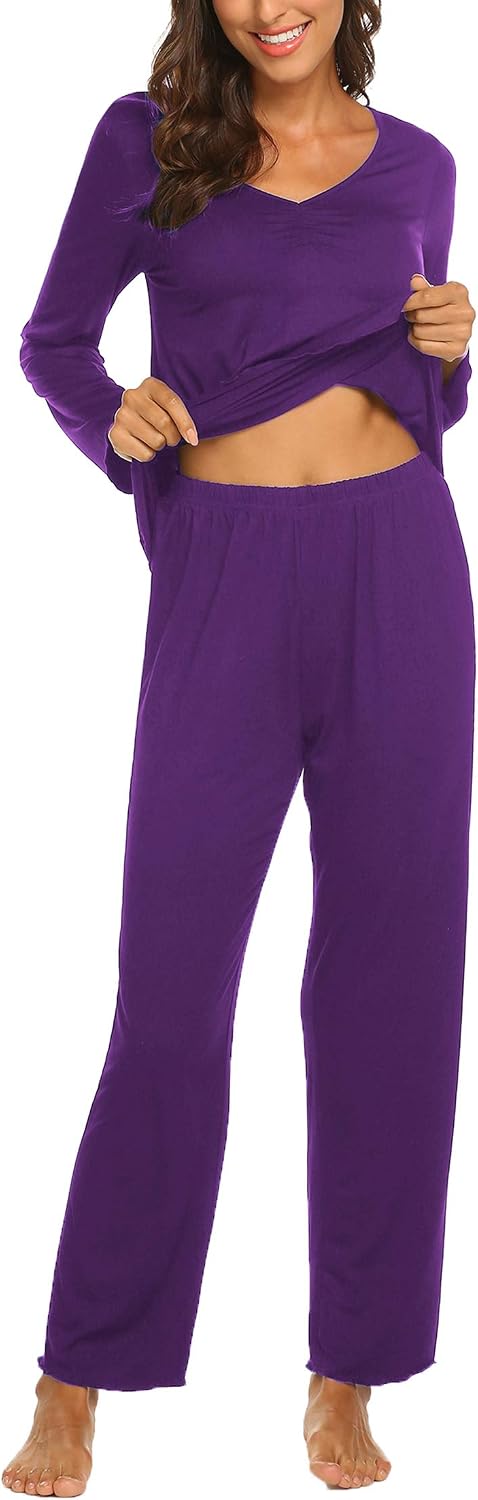Ekouaer Pajamas for Women Set Long Sleeve Pleated Top and Pants Loungewear