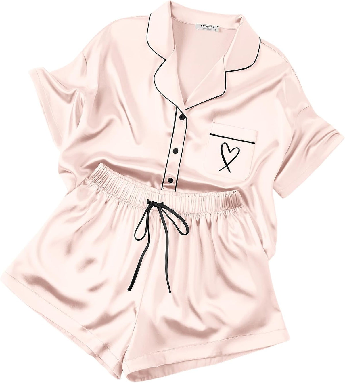Ekouaer Womens Silk Satin Pajama Set, 2 Piece Heart Embroidery Short Sleeve Button Down Pjs Set for Bridal Party