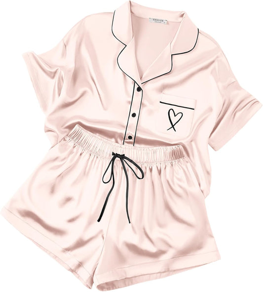 Ekouaer Womens Silk Satin Pajama Set, 2 Piece Heart Embroidery Short Sleeve Button Down Pjs Set for Bridal Party
